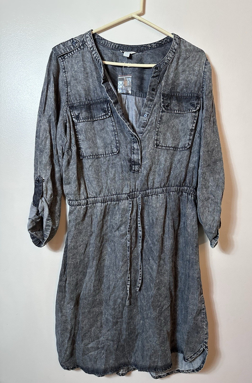 Cato Shirt Dress‎ Womens Plus 14 16W Gray Acid Denim Wash Pockets Tab Drawstring